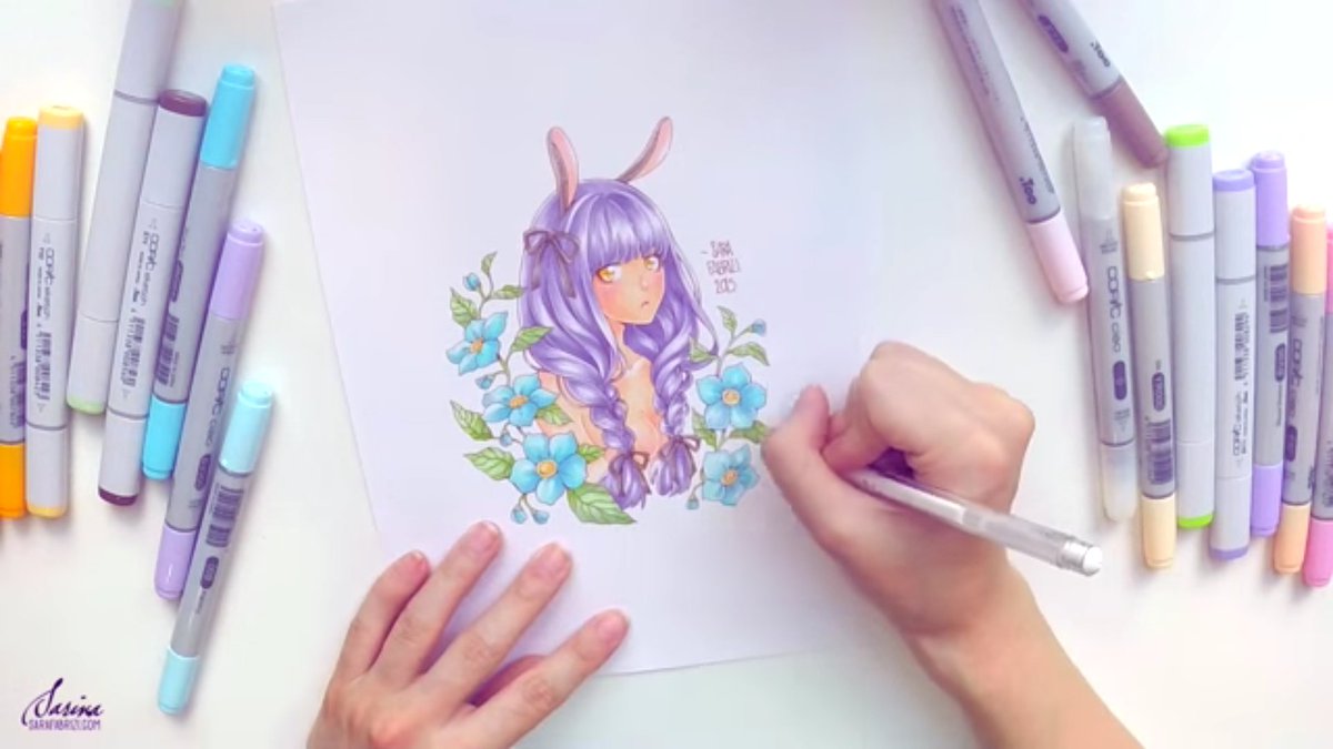 تويتر お絵かき講座パルミー على تويتر Sarafabriziさんのアナログ画材を使ったイラストメイキングです ラフから仕上げまで コピックでの濃淡のつけ方や花の描き方なども学べます コピックで描く ウサ耳女の子アナログメイキング T Co