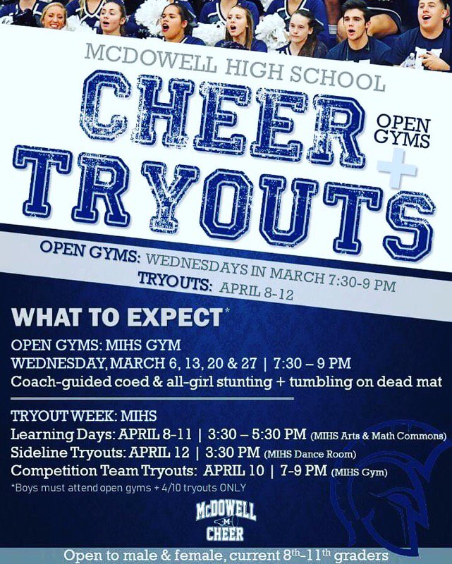 mcdowell_cheer's tweet photo. It’s time! If you want to be part of McDowell’s growing sideline and/or competitive cheer teams, SHOW YOUR SPIRIT (&amp; your skills) at March open gyms &amp; tryouts in April! All current male &amp; female 8-11th graders eligible. #mcdowellcheer #sidelinecheer #coedcheer https://t.co/kC6NaKTEub