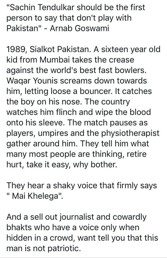Vishal_SRT10's tweet photo. Now.. They will Judge #SachinTendulkar 's Patriotism.. ๐๐ค
Not Playing against Pakistan in WC is indirectly Supporting Pakistan.!!
Grow Up #StopLyingArnab
#ISupportSachin https://t.co/FyqDaU3kkY