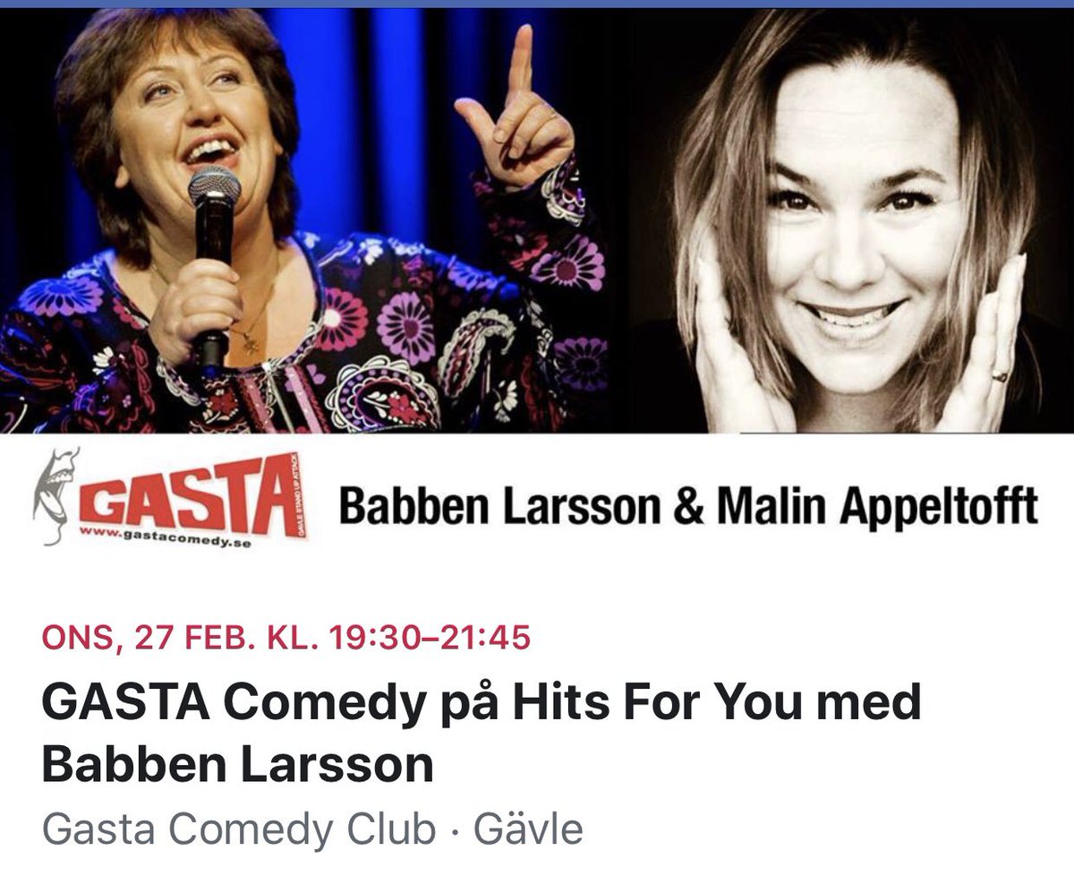 Onsdag 27/2 kommer vi till Gasta i Gävle och kör standup! Kom och skratta! <a href="/BabbenLarsson/">Babben Larsson</a> <a href="/gastacomedy/">GASTA</a> <a href="/gavlestad/">Gävle stad</a> @P4Gavleborg @svtgavleborg #standupcomedy #gävle