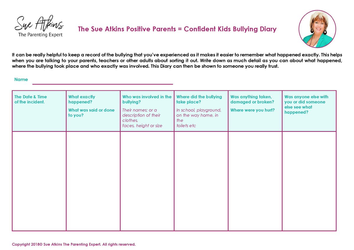 SueAtkins's tweet photo. FREE Bullying Diary and Signs Your Child is Being Bullied Checklist and Guide from my FREE Online Resources #parentingadvice #bullying 
https://t.co/cVWvv6zCWR https://t.co/yUTeMYZ91D