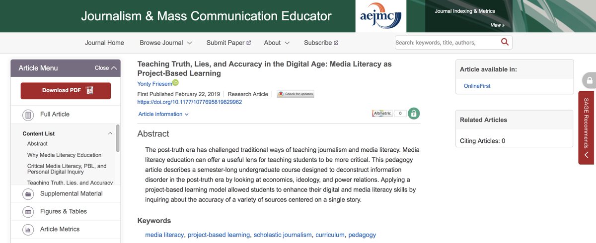 SageMedia_Comm's tweet photo. RT @yonty: My newest article on teaching @ColumbiaChiComm course #COMM120 Truth, Lies, and Accuracy in the Digital Age. #PBL & #MediaLiteracy @SAGEmedia_comm @AEJMC #SMAtoday @ColumbiaChi https://t.co/QlcfDtHwA3 https://t.co/vzs5hE7NKB