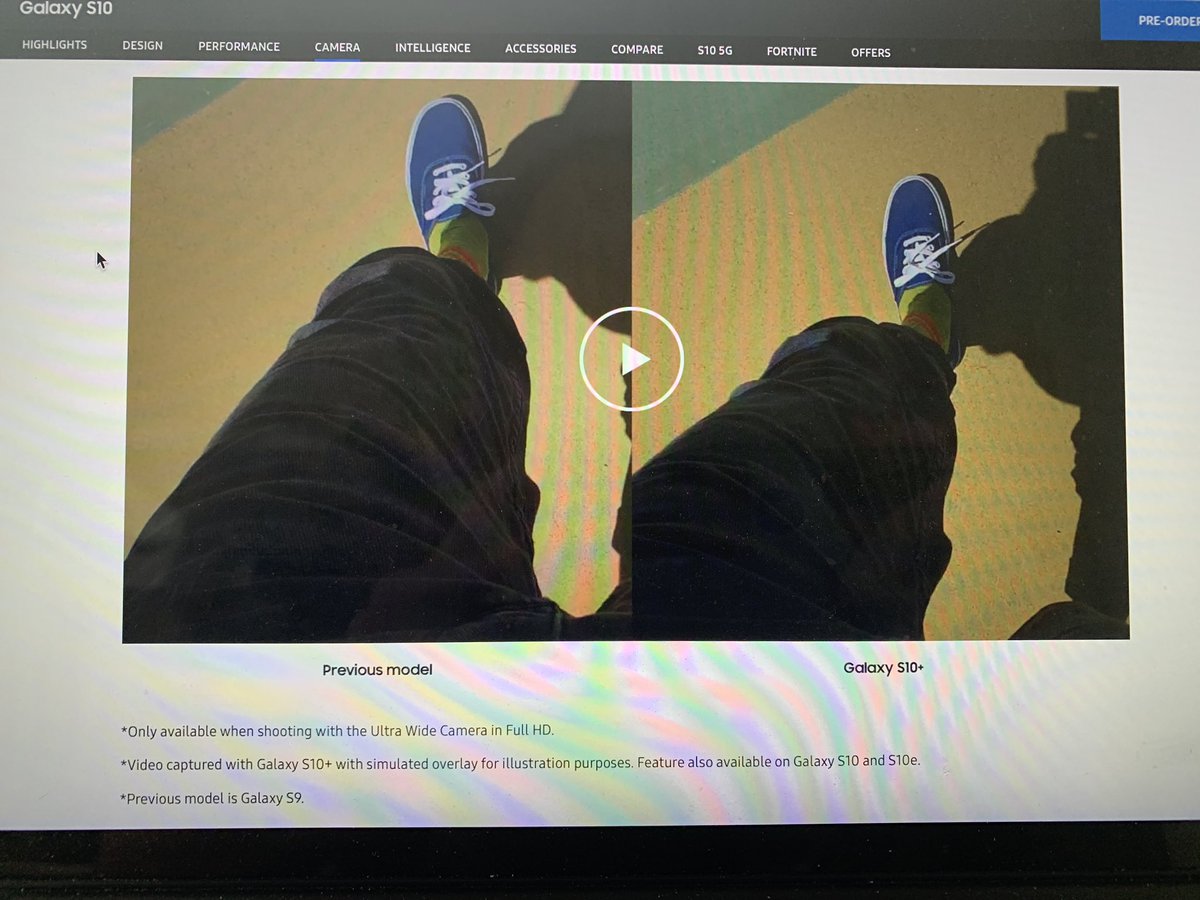 zookerman's tweet photo. @SamsungMobileUS on their website has a video comparing the stability of its video recording on the S10+ with the S9. Really?? Of course it’s supposed to be better!! Shouldn’t they really compare it to an #iPhone or any other phone? #SamsungGalaxyS10 https://t.co/X6JeFd3jhU