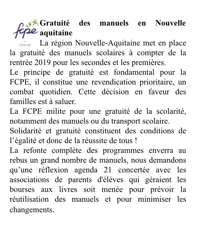 fcpe_33's tweet photo. Communiqué : gratuité manuels scolaires @NvelleAquitaine @s_anfray @EmilieMarches @PCousinet @FCPE_nationale @HazouardMathieu https://t.co/aTDb4aojtf