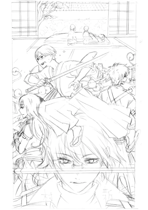前に描いた銀さんの対になる新八の下絵。この迷い線だらけの中からペン入れすることにいつも無理みを感じてる～。 