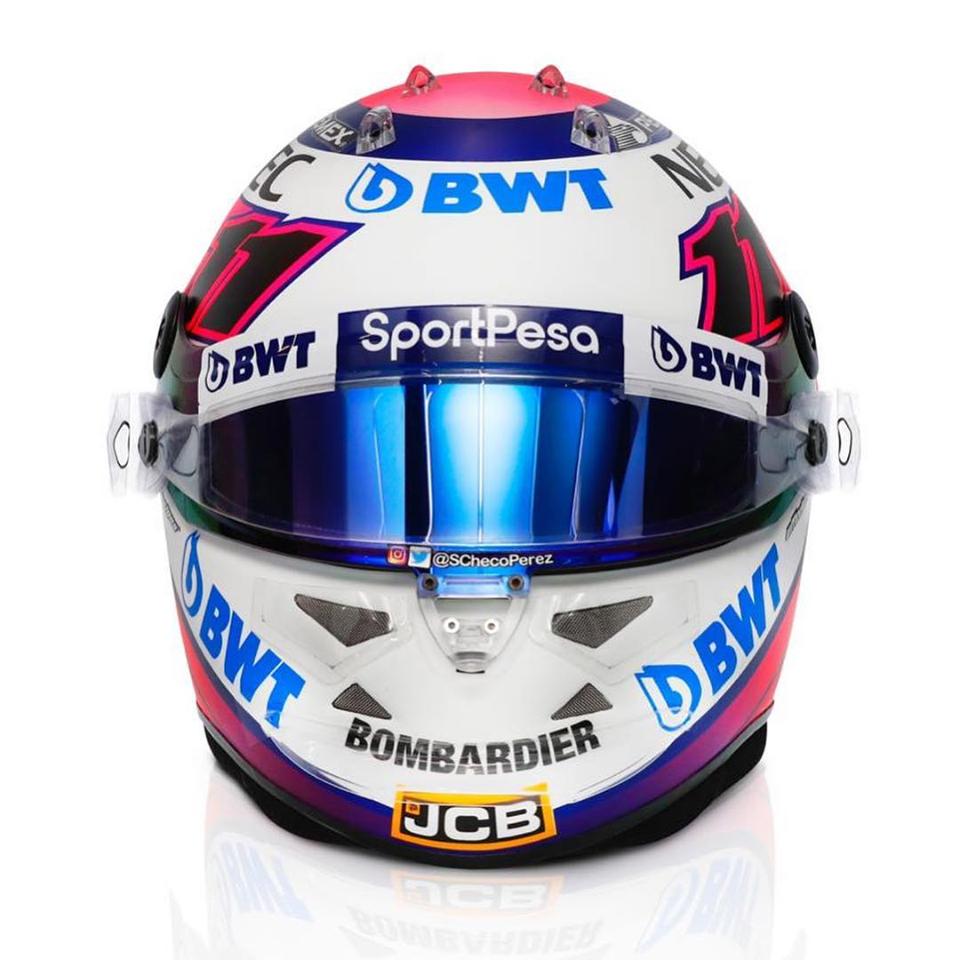 F1HLM's tweet photo. New helmet of @SChecoPerez @RacingPointF1 @SportPesa
#perez #checo #sp11 #racingpoint #newhelmet #uffedesigns #mexico #forceindia https://t.co/ZKXmZw4EnF