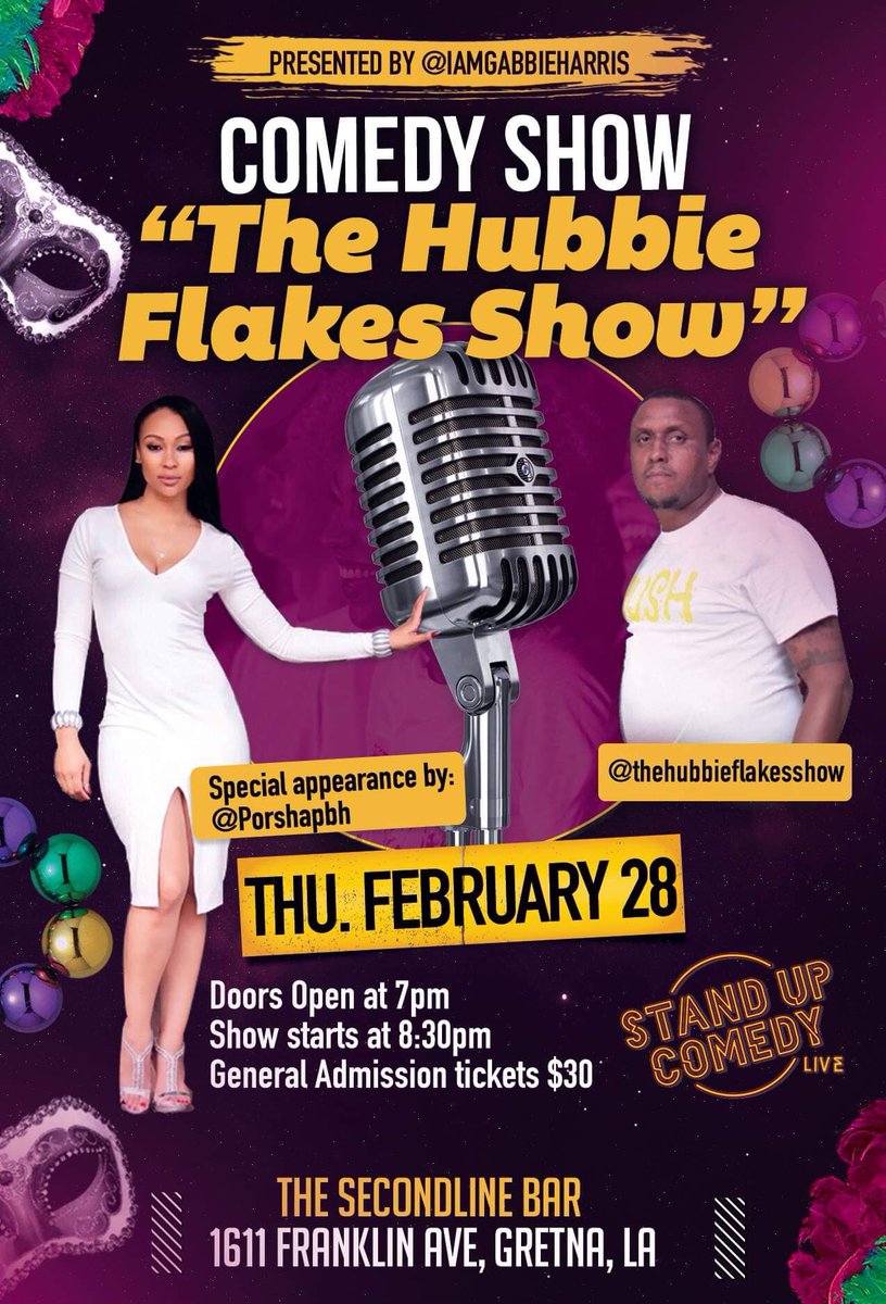 PorshaPBH's tweet photo. #NEWORLEANS It’s goin down! Come PARTY with me for Mardi Gras! Thursday Feb 28 at the Comedian @thehubbieflakesshow Can’t wait! 🔥🔥🔥 #MardiGras #comedy #comedyshow @iamgabbieharris https://t.co/nteCkhGtjS