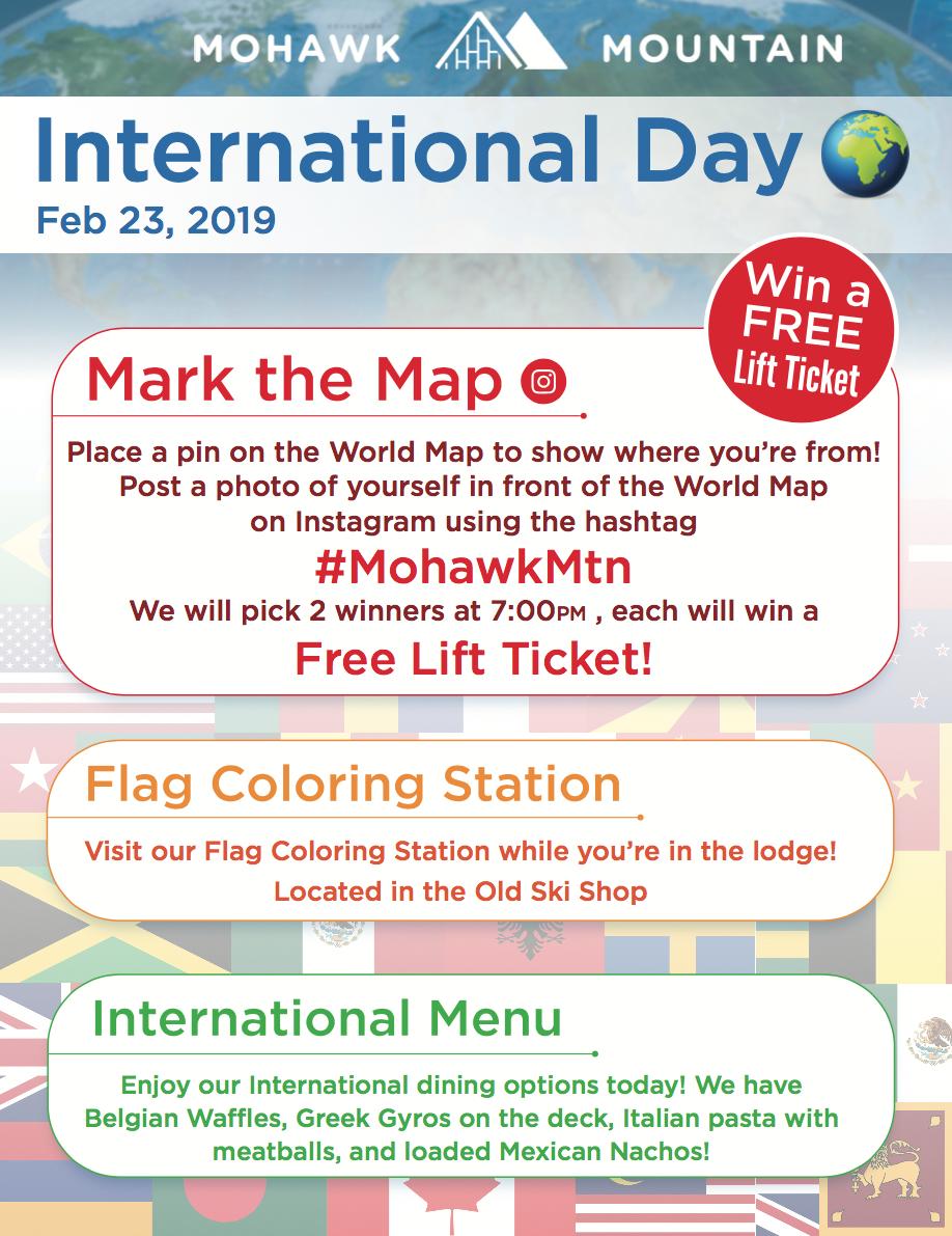 Today is International Day at Mohawk Mountain! We want to celebrate and welcome skiers from all nations 🏂⛷ Mark your place on the World Map! For a chance to win a Free Lift Ticket, instagram a photo of yourself with the map using #mohawkmtn, winners will be announced at 7pm!