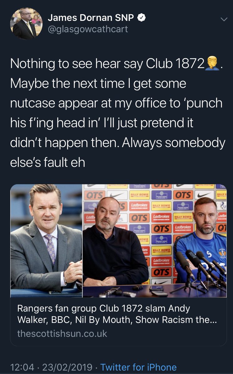 Club1872rfc's tweet photo. James Dornan immediately illustrating the point we made yesterday on the dishonesty of the current sectarianism debate. 

Embarrassing and unhelpful for an elected representative to wilfully misrepresent our position. Progress will require more thought and less self publicity. https://t.co/YdUuU8bDdI