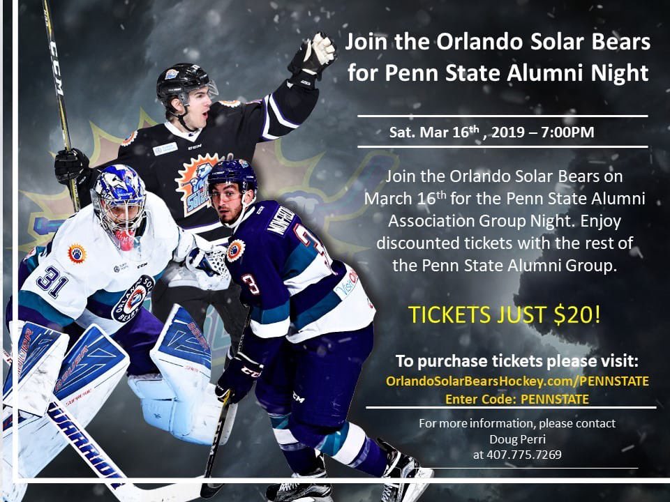 Central Florida PSU (@centralflpsu) on Twitter photo Join us at the <a href="/OrlandoHockey/">Orlando Solar Bears</a> game on Saturday, March 16 for Penn State Alumni Night! Use the code: PENNSTATE OrlandoSolarBearsHockey.com/PENNSTATE Join us at the <a href="/OrlandoHockey/">Orlando Solar Bears</a> game on Saturday, March 16 for Penn State Alumni Night! Use the code: PENNSTATE OrlandoSolarBearsHockey.com/PENNSTATE