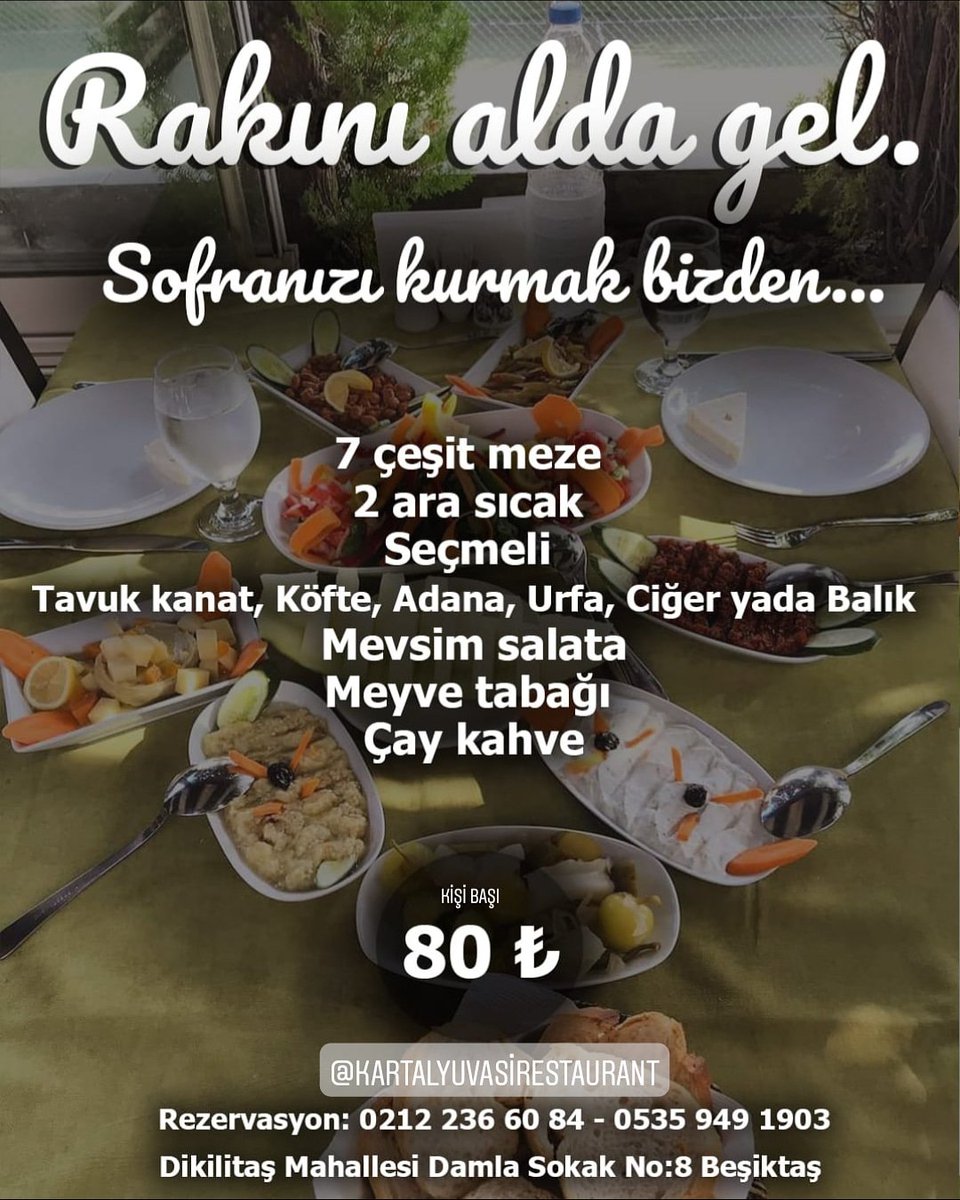 Rakıyı sevenler,sefasını paylaşmayı sevenler buyrun bekleriz...
#kartalyuvasirestaurant #ocakbaşı #restaurant #meze #rakı #balık #salata #dikilitaşmahallesi #beşiktaş #besiktasmeyhanesi
