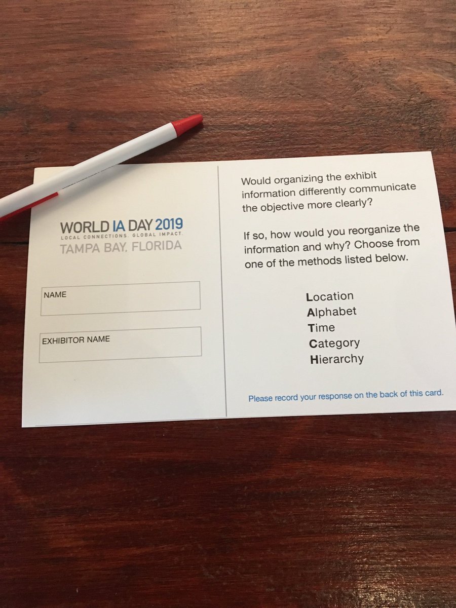 wiadtb's tweet image. The exhibition has begun! Attendees are using Richard Saul Wurman’s L.A.T.C.H. schema to evaluate the IA and consider different approaches to the way information is presented. #WIAD19 #designfordifference