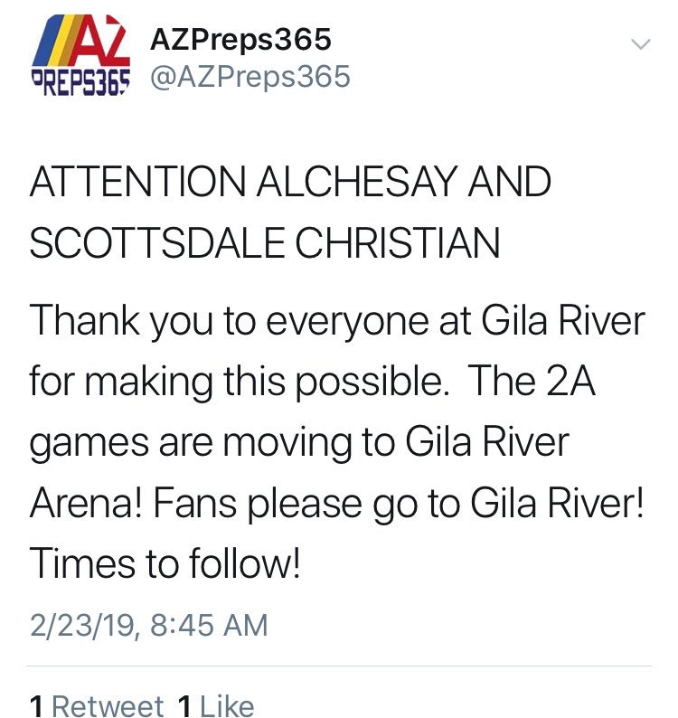 SCA Fans, both Boys &amp; Girls games are being moved to Gila River Arena today!! We will post times ASAP!! <a href="/SCA_Nest/">The Nest</a> <a href="/Athletics_SCA/">SCA Eagles</a> <a href="/We_Are_SCA/">ScottsdaleChristian</a> <a href="/azc_obert/">Richard Obert</a> <a href="/GreggRosenberg1/">Gregg Rosenberg</a> <a href="/radioguyaz99/">Lee Patterson</a>