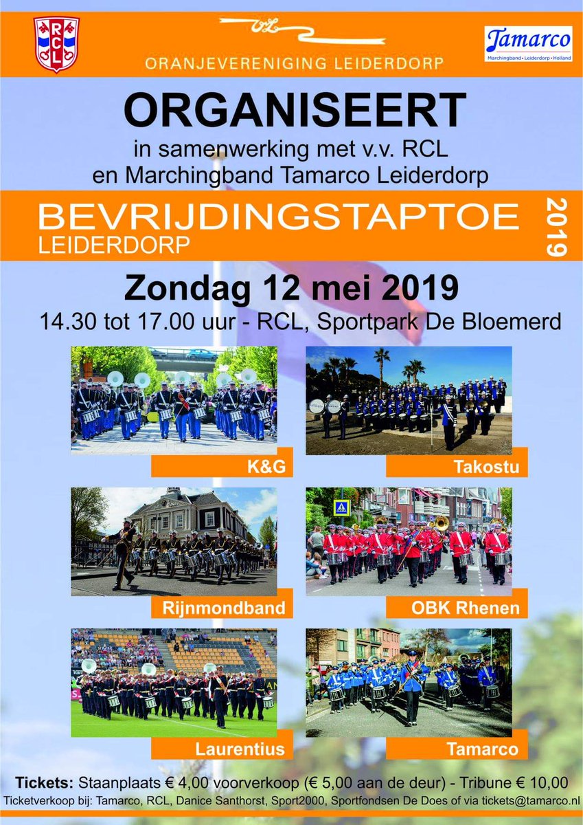 Bevrijdingstaptoe #Leiderdorp op zondag 12 mei. Kaartverkoop start 1 maart bij @RCLLeiderdorp <a href="/Sport2000Ldorp/">Sport2000 Leiderdorp</a> <a href="/ZwembadDeDoes/">De Does Sportfondsen</a> Danice Santhorst en Tamarco
#taptoe <a href="/Korpsmuziek_nl/">Korpsmuziek_nl</a>