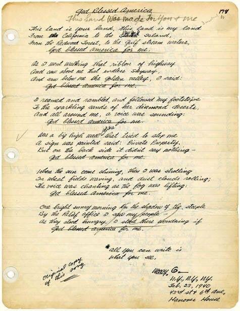 On this day in 1940, Woody Guthrie was sitting in his room at Hanover House in New York City and wrote the lyrics to the song that would become "This Land Is Your Land".  The hand-written lyrics are the center piece of the Woody Guthrie Center.