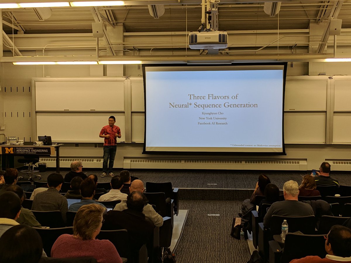 alxndrkalinin's tweet photo. First keynote at a2-dlearn-4: Kyunghyun Cho @kchonyc of @NYUDataScience and @facebookai talking about approaches to neural sequence generation
#a2dlearn #a2dlearn4 https://t.co/TTcpkl9VbD