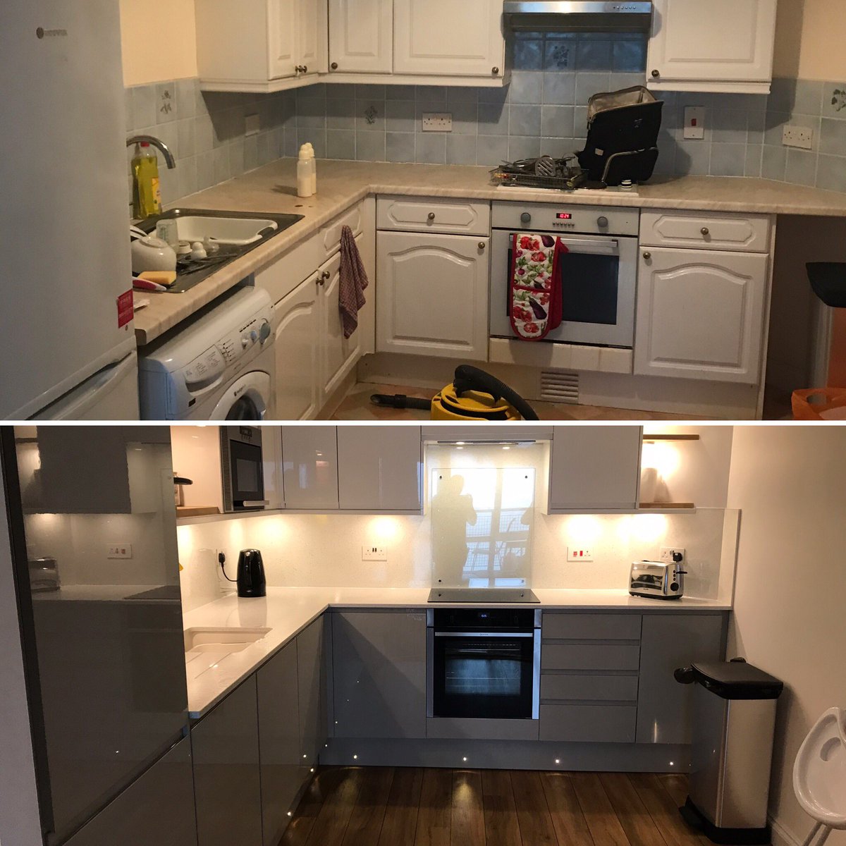 *Full kitchen installation undertaken*

Integrated fridge freezer and washing machine. Pull out corner units. Neff oven and hob. Bespoke oak shelves with hidden lighting cables inside. Quartz mirror chip worktops with matching splash backs. LVT oak flooring with walnut strips.