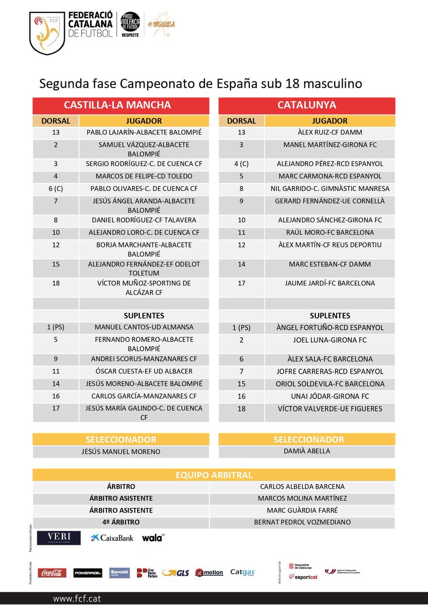 FCF_CAT's tweet photo. 👤 Confirmades les alineacions del Castella-la Manxa - #Catalunya #sub18masc! #SeleccionsCAT https://t.co/12Z0QofyXv