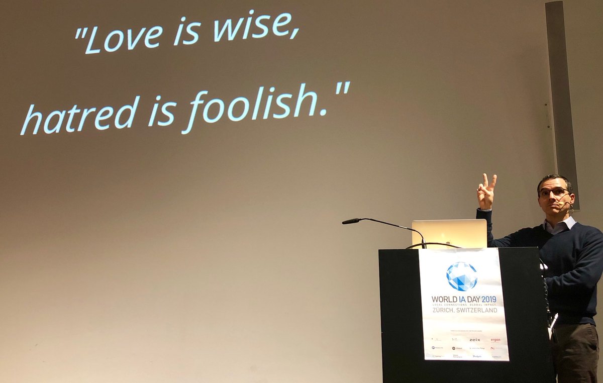 DaveHertig's tweet image. &quot;Love is wise, hatred is foolish.&quot; ⁦@jarango⁩ ends his thoughtful talk with this quote by Bertrand Russell, and a V sign that I like a lot as well. #wiadch #WIAD19 #DesignForDifference