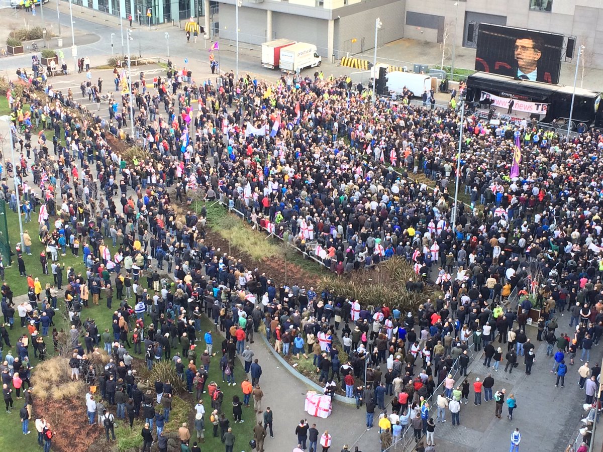 BBCRadioManc's tweet image. Thousands of protesters at MediaCity, Salford have been shown a film made by the former EDL leader Tommy Robinson in which he makes a series of allegations against Panorama and reporter John Sweeney. BBC says it’s investigating and programme follows strict editorial guidelines