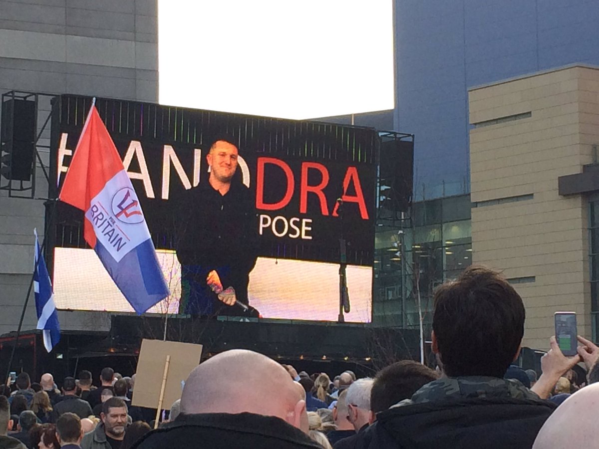 BBCRadioManc's tweet image. Thousands of protesters at MediaCity, Salford have been shown a film made by the former EDL leader Tommy Robinson in which he makes a series of allegations against Panorama and reporter John Sweeney. BBC says it’s investigating and programme follows strict editorial guidelines