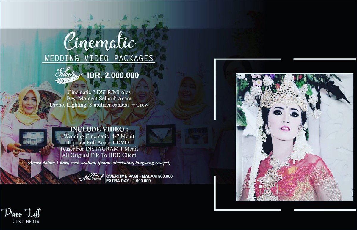 JusiMedia's tweet photo. Jusi media menyediakan paket Silver cenematic wedding

#jusimedia
#videographyindonesia
#fotography
#percetakanmurah
#cinematicvideo
#cinematicwedding
#weddingclip 
#tour 
#aftermovie
@SHANDHY27 @AhmadSaifulAn18 https://t.co/7SI7VCXqBk