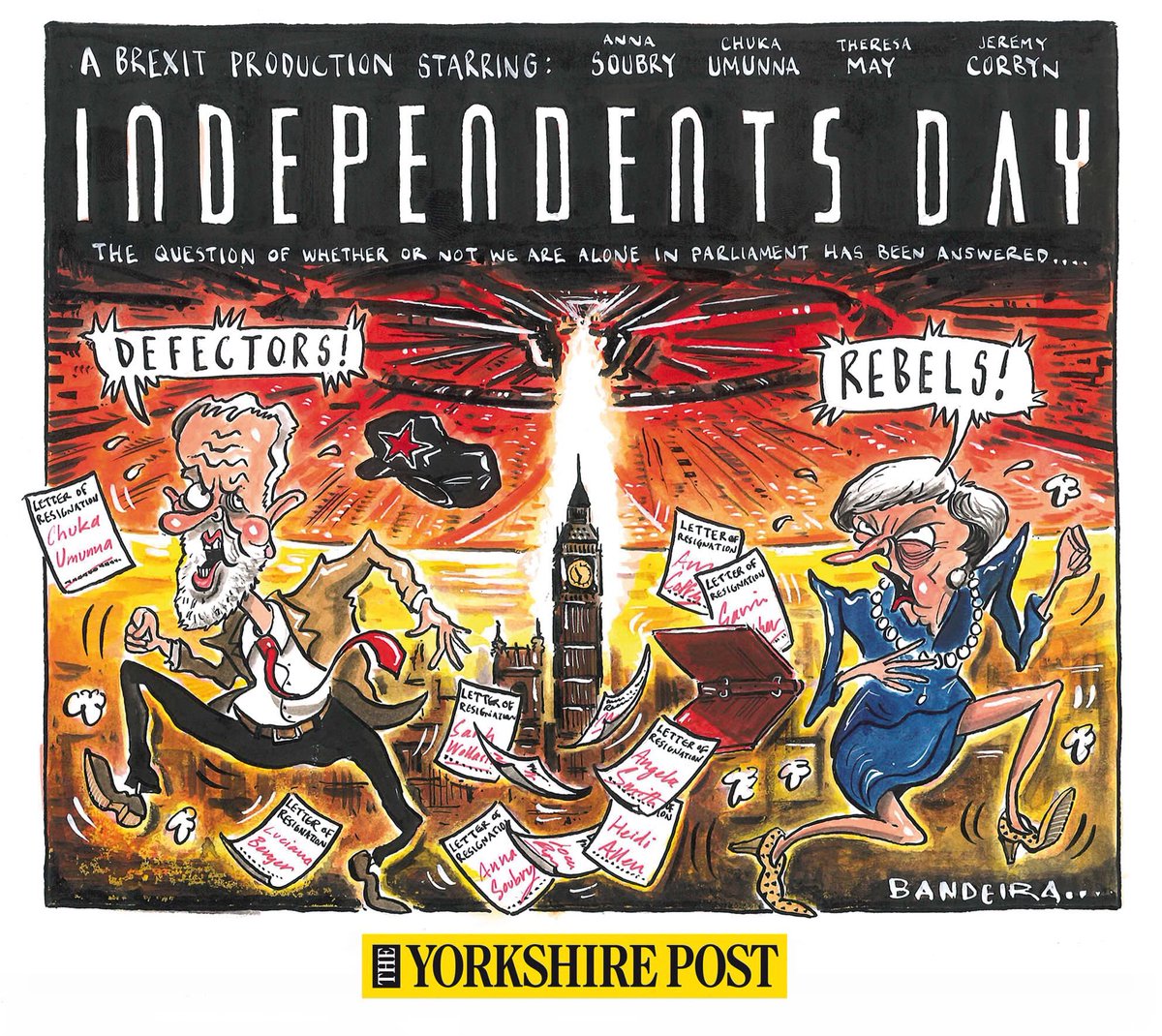 Graeme Bandeira on INDEPENDENTS DAY: There’s some new kids in town. Be afraid Mr Corbyn and Mrs May...be very afraid.  #Remainers #IndependentGroup #TheresaMay #Brexit #Corbyn #LabourSplit #Corbyn #Labour - political cartoon gallery in London original-political-cartoon.com