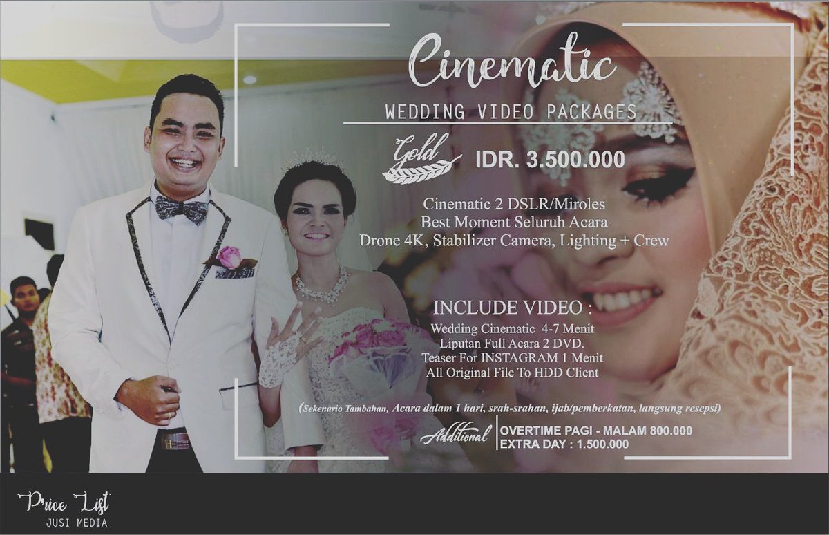 JusiMedia's tweet photo. Jusi media menyediakan paket Gold cenematic wedding

#jusimedia
#videographyindonesia
#fotography
#percetakanmurah
#cinematicvideo
#cinematicwedding
#weddingclip 
#tour 
#aftermovie
@SHANDHY27 @AhmadSaifulAn18 https://t.co/N4R8NcxQbb