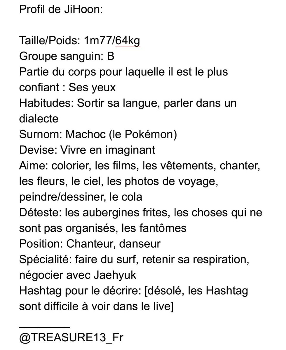 TREASURE_Fr's tweet photo. -💎-↳ 23.02.19 | VLIVE

Voici le profil écrit par Jihoon

————
~> #Aela 🐨

[Trad. Coréen - > Anglais: chaekiyu] https://t.co/DzmNQbb1OE