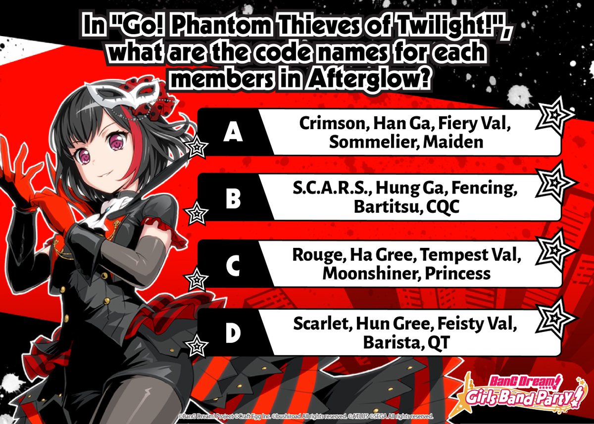 bangdreamgbp_EN's tweet image. In "Go! Phantom Thieves of Twilight!", what are the code names for each members in Afterglow?