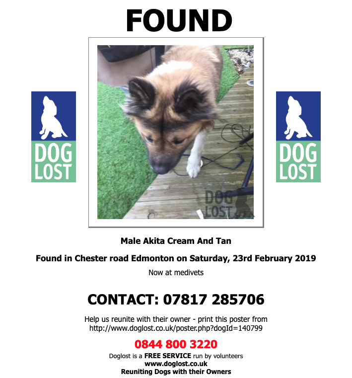 DogLost.co.uk  
#FOUND  UNKNOWN  #DOG Male #Akita 
#Edmonton #London  #N9 
Saturday, 23rd February 2019  #FoundDog   doglost.co.uk/dog-blog.php?d…  <a href="/VetsGetScanning/">MakeChipsCount to Reunite Pets</a> <a href="/SAMPAuk_/">Stolen&Missing Pets</a>