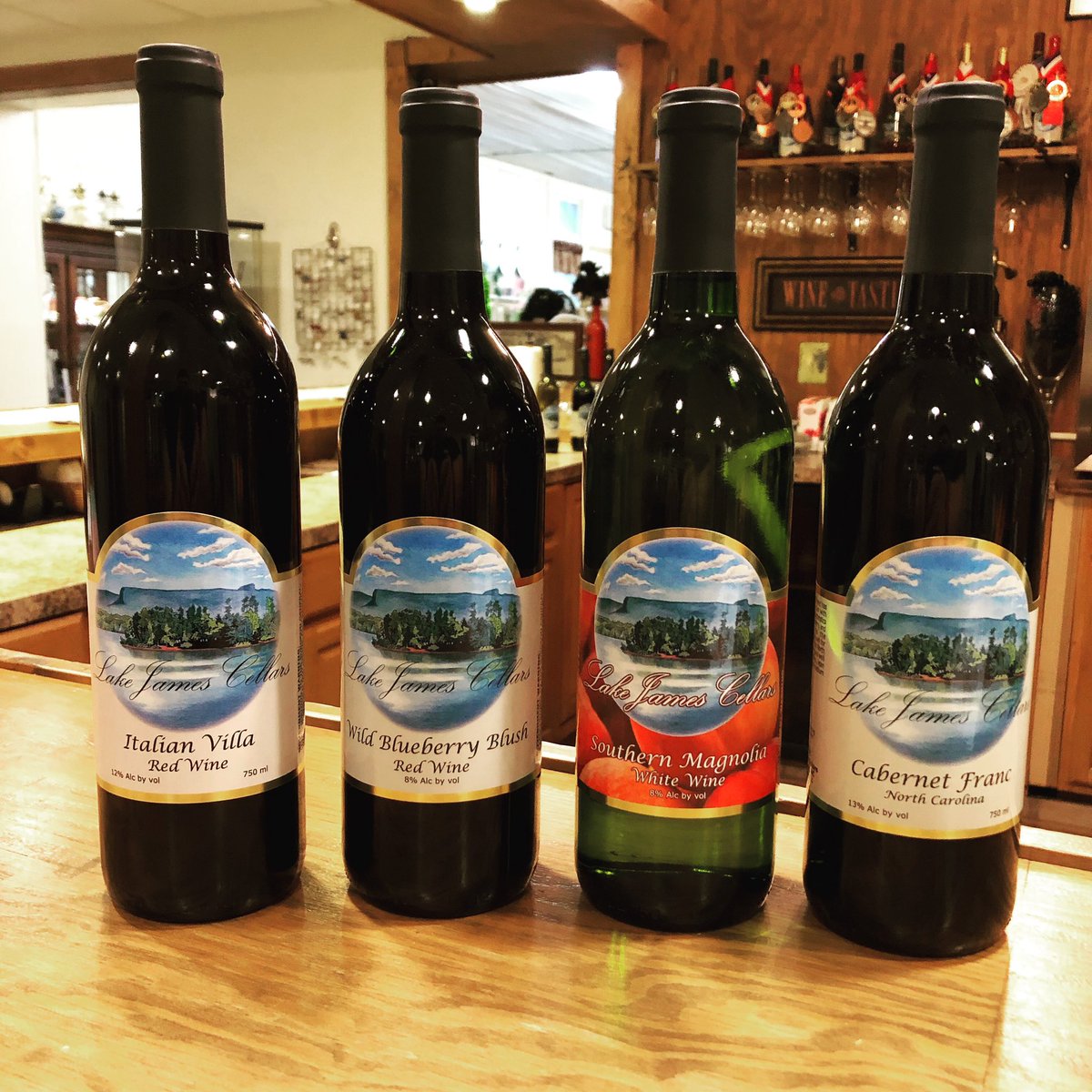 LakeJamesCellar's tweet photo. After a brief absence, look what is back on the wine rack!!! Four favorites! Two dry reds and two of our most popular sweets!!! Come by for a taste!

#LakeJamesCellars 
#NCWine https://t.co/APfkGvqdZh