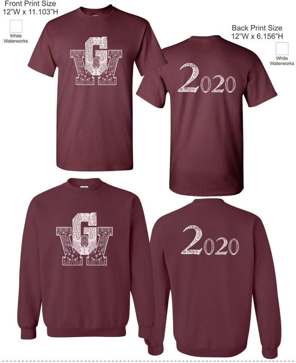gwhsclassof2020's tweet photo. These are the class shirts and crewnecks!! These will be sold (for preorder) all this week (Feb 25-March 1) in the QSA during lunch periods. The shirts will be $15 and the crewnecks will be $20!!🤩 https://t.co/PJEVswfiIg