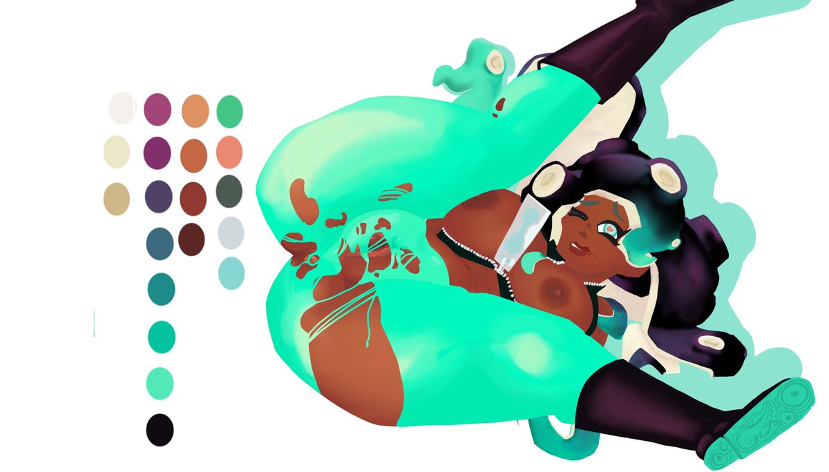 PoisonApple101x's tweet photo. working on marina! shes so cute and her color palette was really fun to work with. #nsfw
#splatoon
#fanart
#marina
#Octoling
#chocolate
#ebony
#nintendo
#colorpalette
#bigboobs
#rippedclothes
#dj https://t.co/xFUFTBuLno