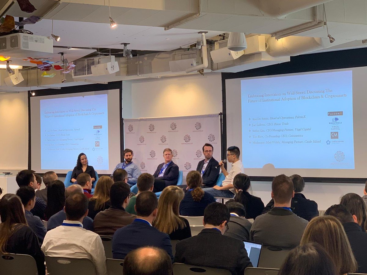HBSCryptoClub's tweet photo. Great discussion on our 2nd panel of the day on the path forward to institutional adoption of cryptoassets and blockchain technology #hbscryptoconference @JoeLallouz @MattWalshInBos @stefqin @falconxnetwork @coinmetrics https://t.co/C6EhUmGGmo
