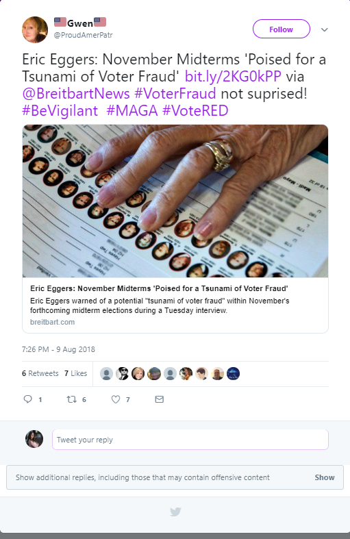 36. One of the tweets was also sharing a Breitbart article about the November Midterms. Again, please note engagement.