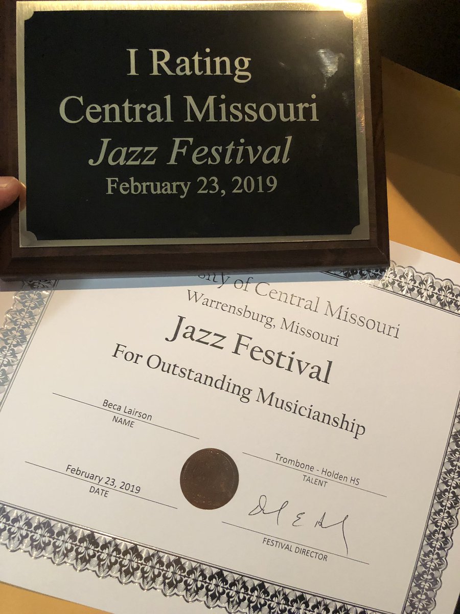 Congratulations to the Holden Jazz Band for earning a 1 Rating at UCM Jazz Fest today, the first 1 rating for Holden EVER at Jazz Fest! Also Becca Lairson earned outstanding soloist for her trombone feature! Amazing job Jazz Band!