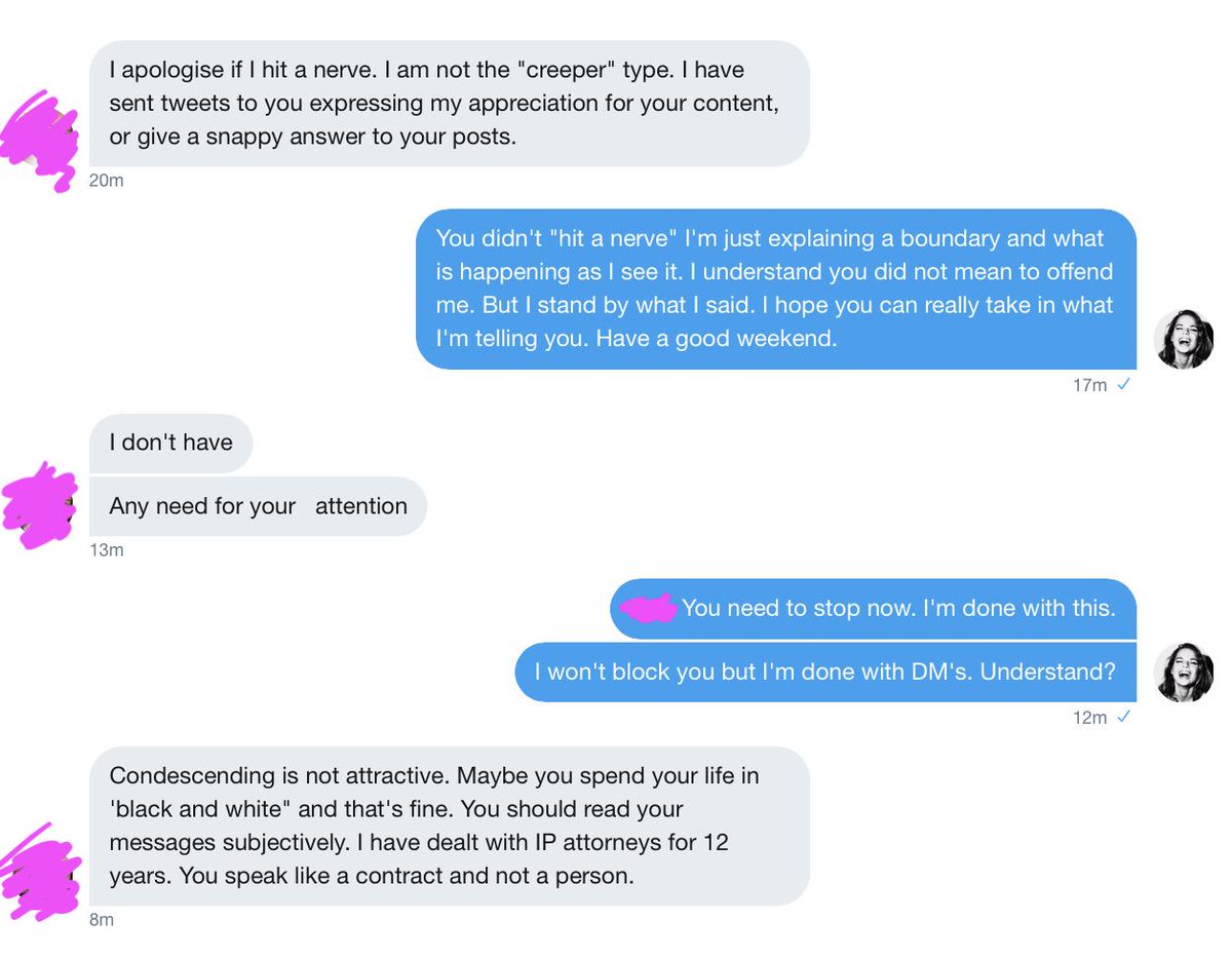 girlsreallyrule's tweet photo. FYI: this is what women deal with when they set boundaries EVERY DAY. I'm posting because 1. it's textbook 2. I want men to see it 3. I want other women to know you're not alone and don't owe anyone anything. 

When someone doesn't listen to no, they are trying to control you. https://t.co/a6xvJnquX1