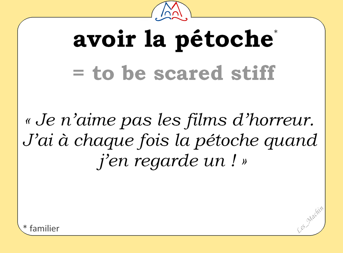 Les_Machin's tweet photo. L'expression (familière) du jour :  
« avoir la pétoche » [avwaʀ la petɔʃ] 
😱😓😱 
#learnfrench #FLE 
#ClasseFLE #french https://t.co/oMpMzD63R8