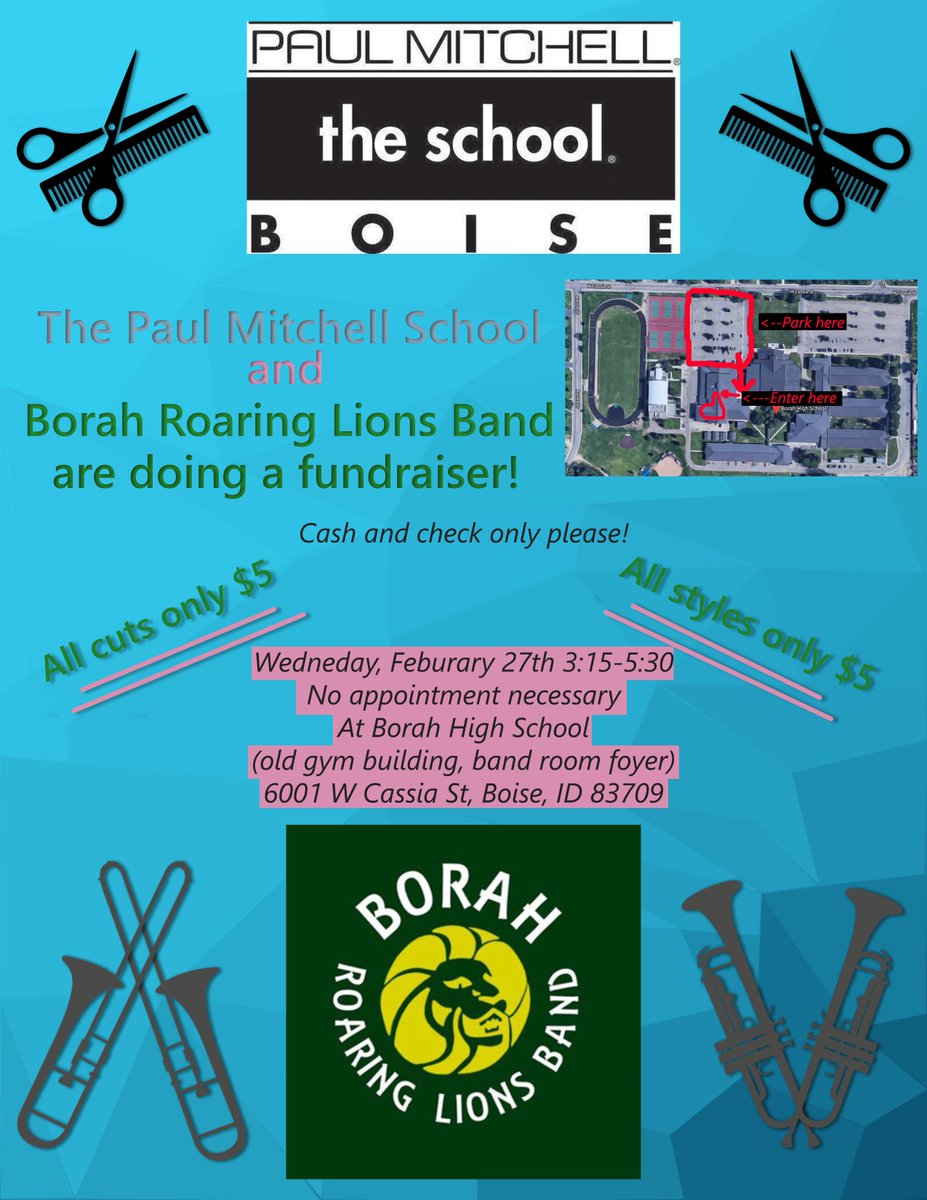 BorahBand's tweet photo. Join the Borah Band Wednesday, Feb. 27th from 3:15-5:30 for a fabulous cut or style from students with the Paul Mitchell School. All cuts and styles are only $5!!! Cash or check only please! https://t.co/Ow47GXOigk