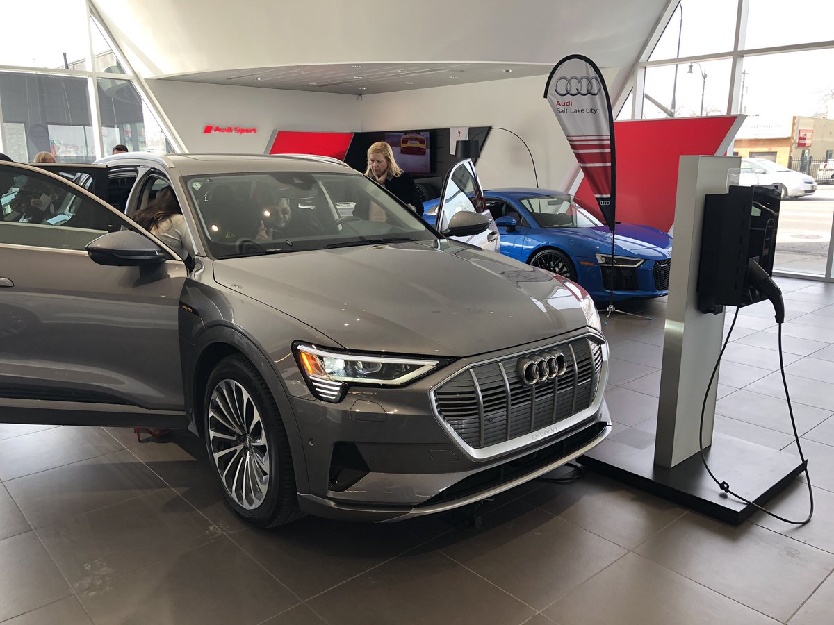 spencerhall's tweet photo. Getting a sneak peek at the spicy new all-electric @Audi e-tron at @StrongAudi in SLC. Excited to have these on the roads soon. https://t.co/yXG6SVUzhT