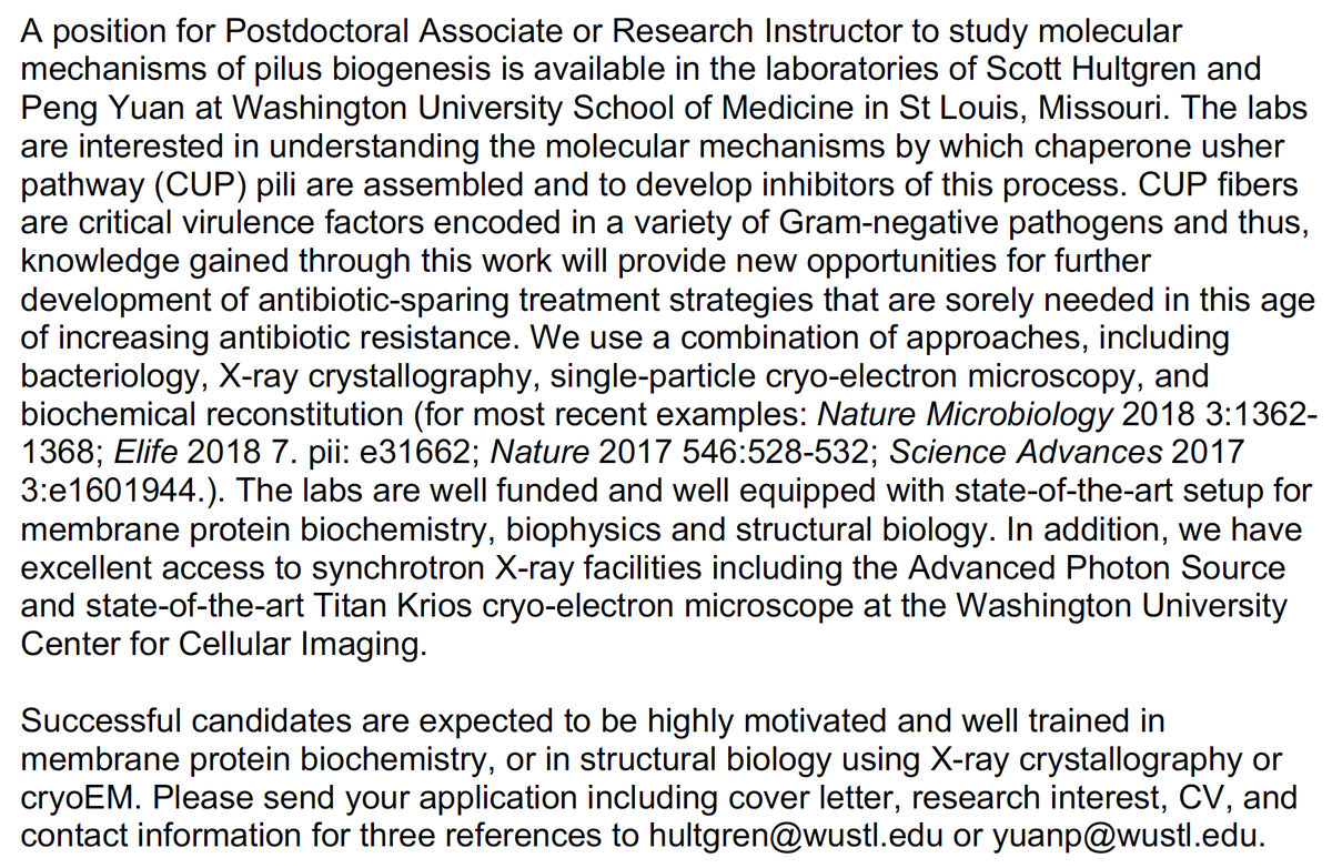 HultgrenLab's tweet photo. Post-doctoral/research scientist position open in the @HultgrenLab for studying the structural biology and biochemistry of chaperone usher pathway pilus biogenesis with opportunities for drug development. Please see the attached for more information! https://t.co/TYFq9ywy9p