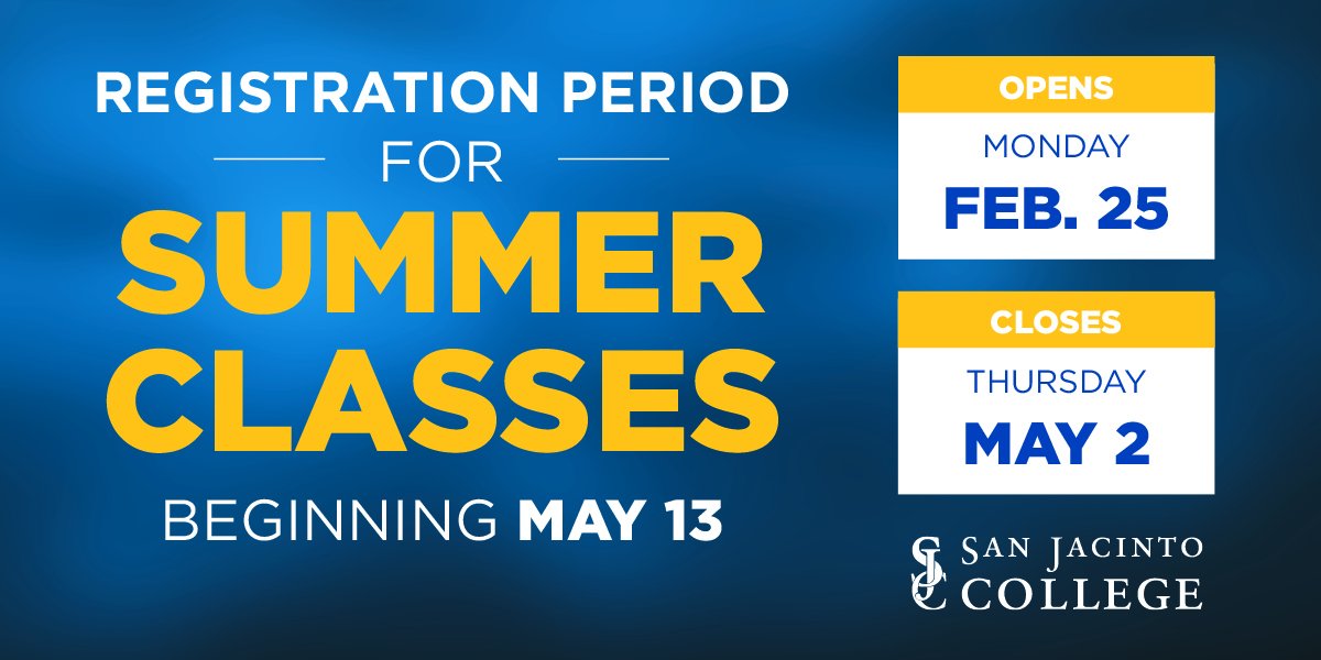SanJacCollege's tweet photo. Taking classes year-round is the best way to make sure you finish what you start. Make sure you get the best classes by registering early! #sjcspring19 #sanjaccollege #sanjacnorth #sanjaccentral #sanjacsouth https://t.co/EYf4ThkWyA