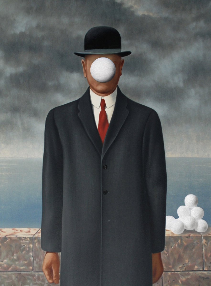bahamabucks's tweet photo. SnoBalls are a work of art, just like our rendition of Renรฉ Magritte's painting. We call it: "The Son of Sno." ๐จ #Sno2Throw https://t.co/8AH9L42JP2