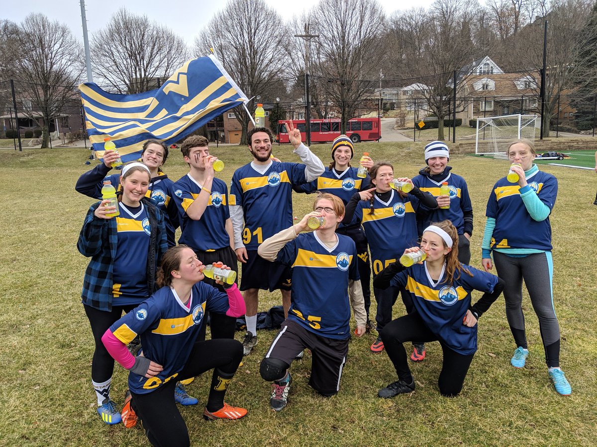WVUQuidditch's tweet photo. WVU has gone 2-0 on the day so far 70*-60 vs @WoosterQuid and 120*-50 vs @CMU_Marauders Thank you @PandaExpress for the Gatorades to keep us hydrated and fighting for these snitch catches!! https://t.co/YqyoV5KUyj