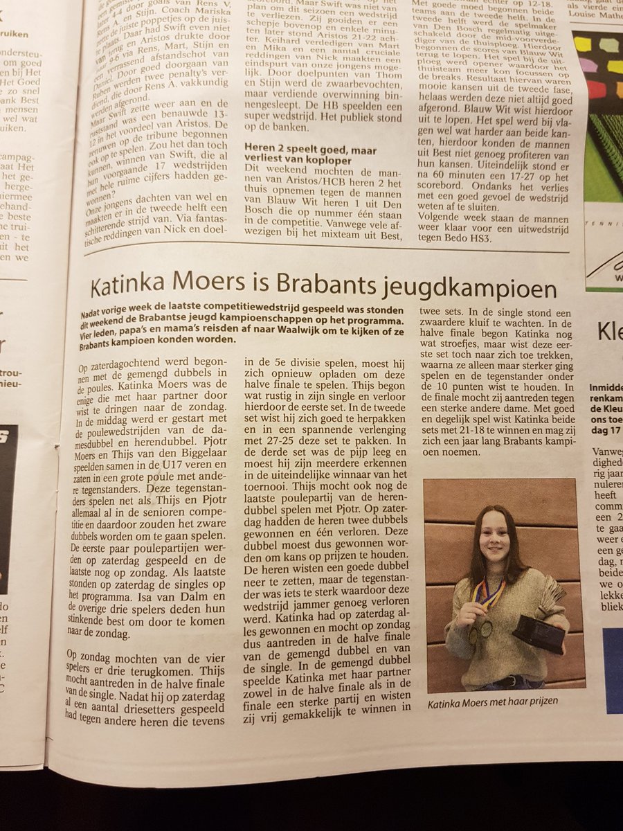 Krantenartikel Groeiend Best dinsdag 19-2-2019 over de Brabantse Jeugdkampioenschappen.