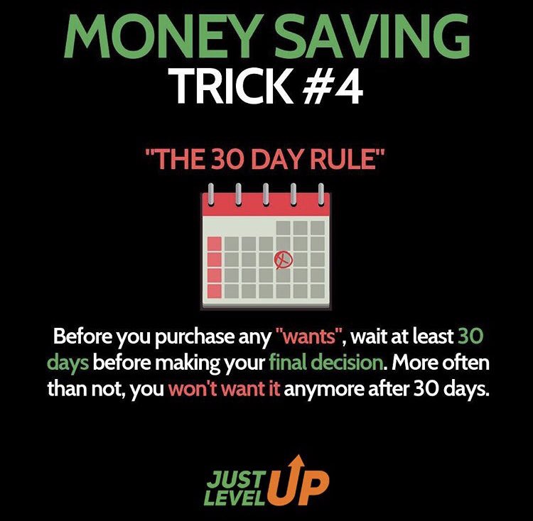 cody_white6's tweet photo. This is a good way to address spending on “wants”. The 30 day rule will help eliminate impulse buying, everyone can benefit from that. #thinkbeforeyouspend https://t.co/dOe3EJqMy1