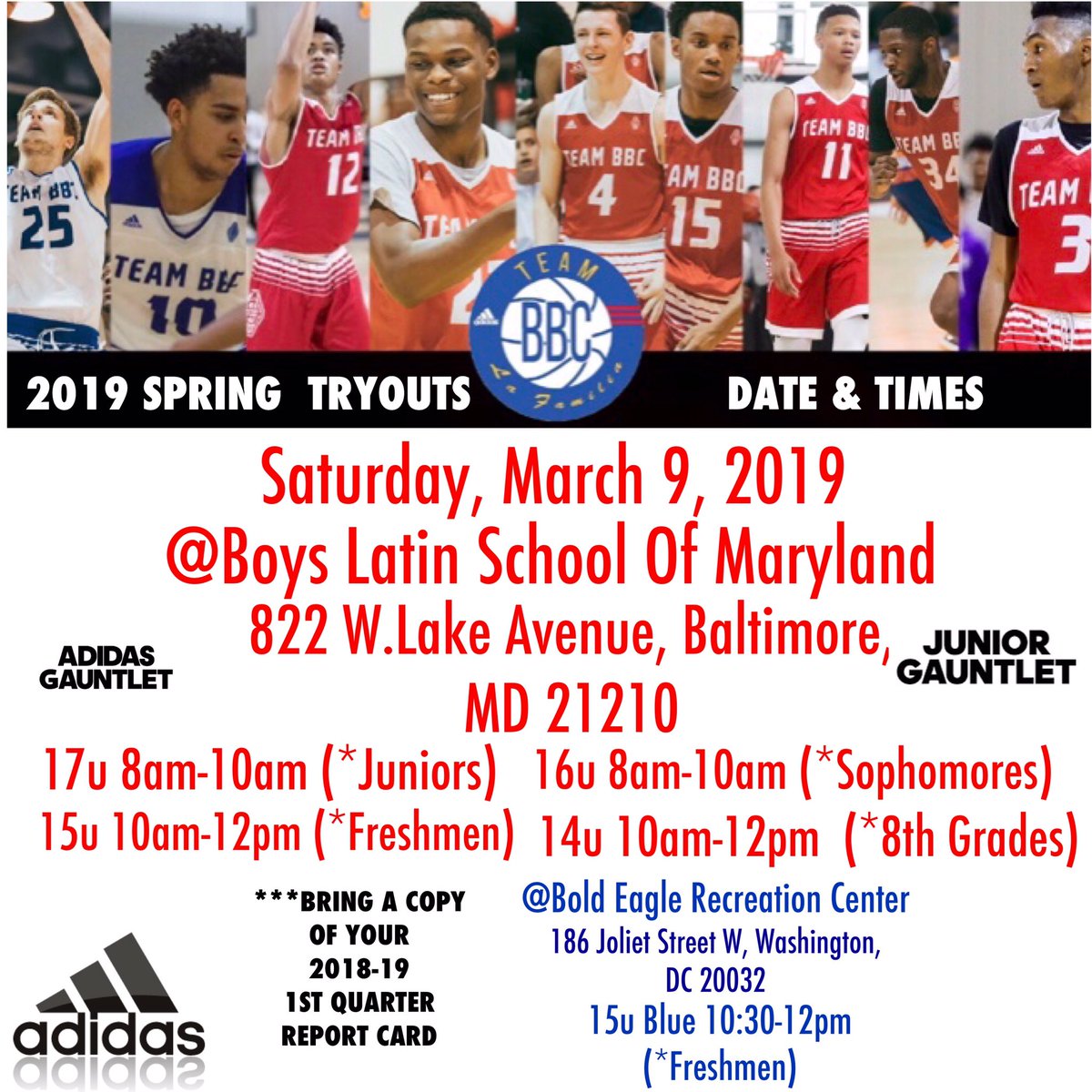 TeamBBC15uRed's tweet photo. Team BBC is pleased to announce Tryout dates &amp; times for the 2019 travel season.

This will help student athletes and parents make a more informed decisions.

BRING A COPY OF YOUR 2018-19 1ST QUARTER REPORT CARD.

#EmbraceTheGrind #EmbraceTheStage #Lafamilia https://t.co/wwza3V0FPd
