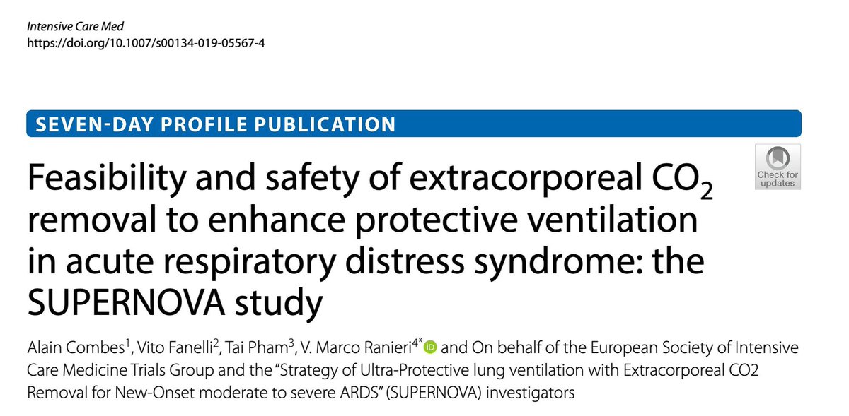 The #SUPERNOVA study, Strategy of Ultra-Protective lung ventilation with Extracorporeal CO2 Removal for New-Onset moderate to severe #ARDS: ultraprotective MV supported by #ECCO2R feasible &amp; safe, mitigating respiratory acidosis. Read open access results bit.ly/2STjRVX