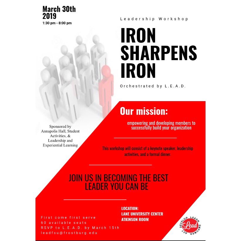 lead_FSU's tweet image. Everyone join us at our Leadership Workshop! We have keynote speakers and special guests with a formal dinner. There's only 60 seats so get yours fast! Email leadfsu@frostburg.edu to reserve your spot! 🐾